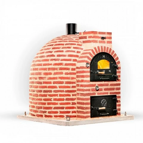 Wood-fired oven with a brick finish for outdoor use. 