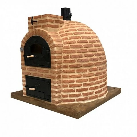 Wood-fired oven with a brick finish for outdoor use. 