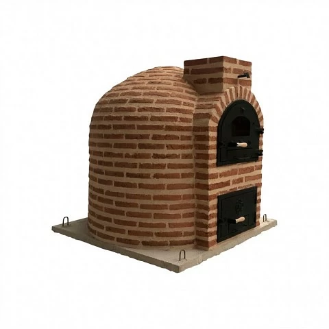 Wood-fired oven with round burner finished in weatherproof brick.