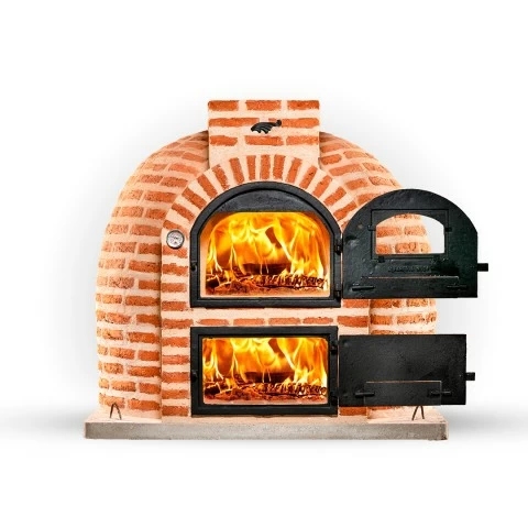 Wood-fired oven with round burner finished in weatherproof brick. - 1968